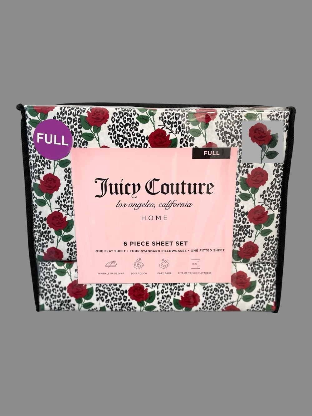 Juicy Couture DP 6-pc Full Sheet Set Leopard Print Long StemmedRed Roses NEW NIP